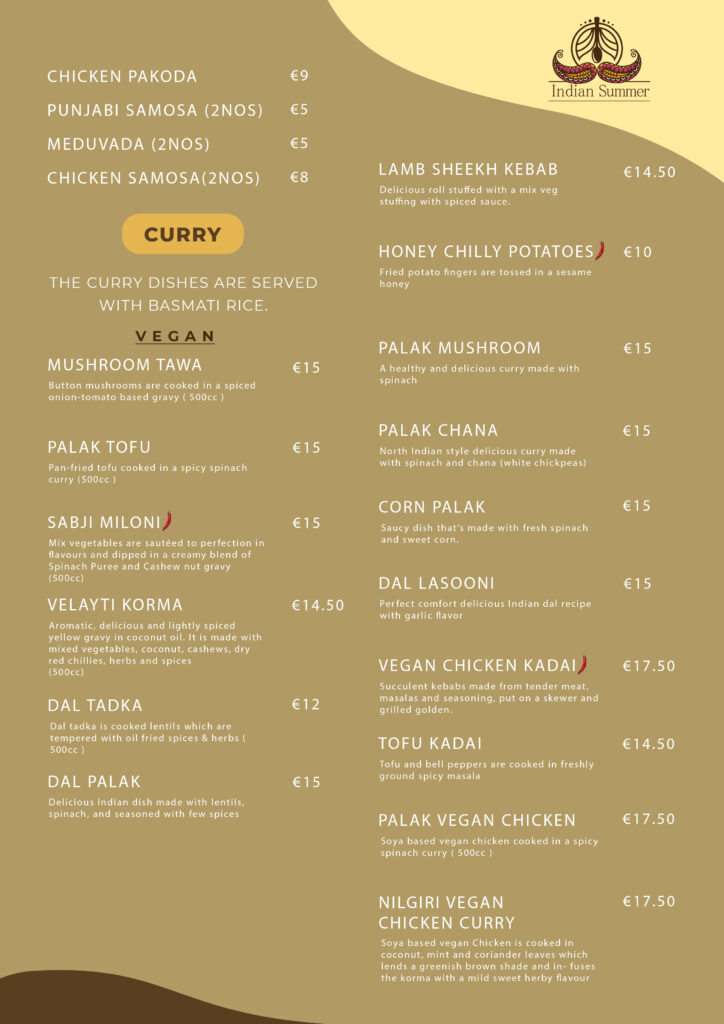 Menu Indian Summer Restaurant