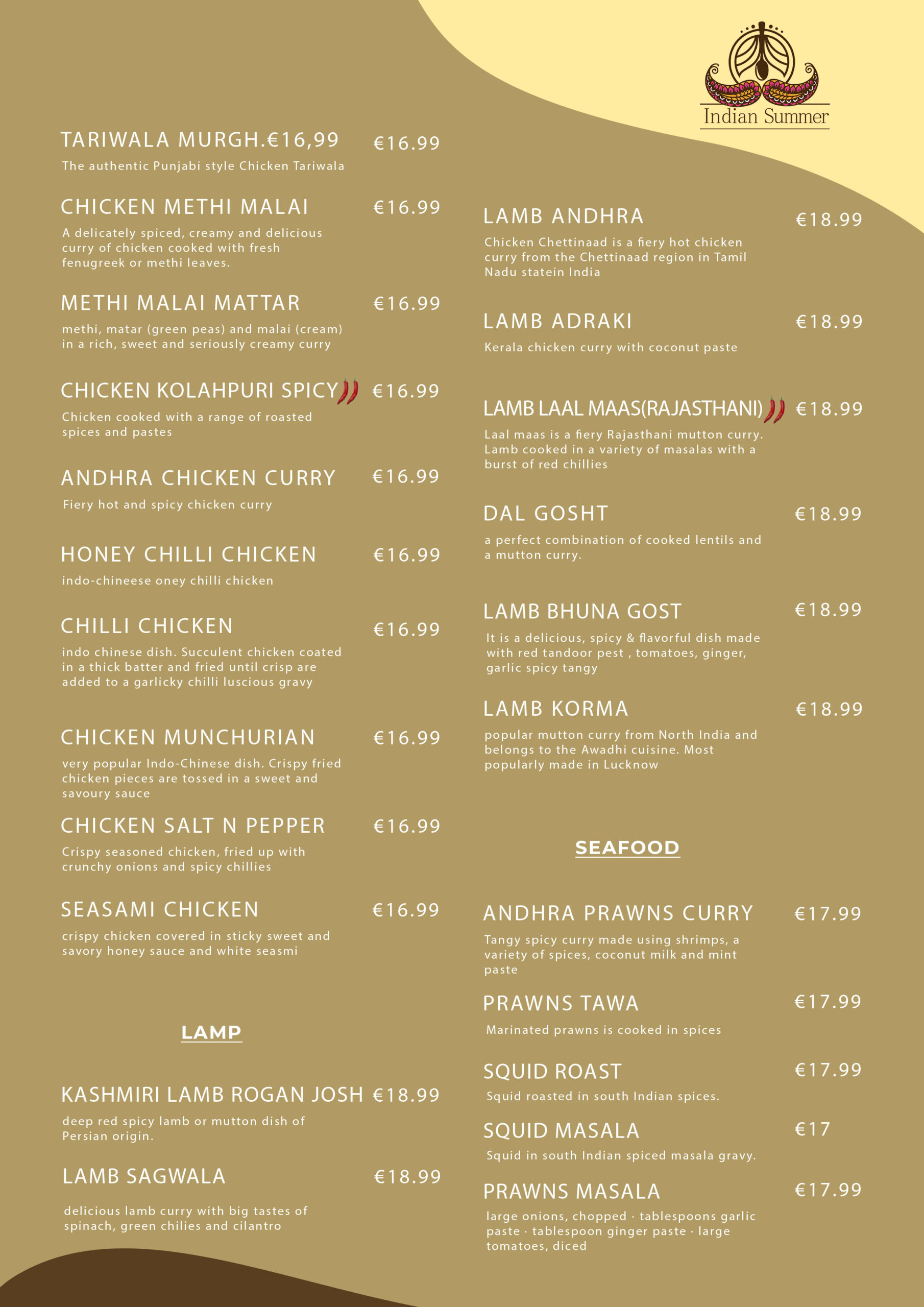Menu Indian Summer Restaurant